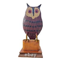 Vintage Carved Folk Art Wood Owl Sculpture Glass Eyes Signed by Carl Scharver
