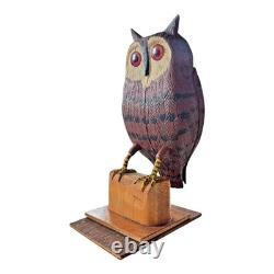 Vintage Carved Folk Art Wood Owl Sculpture Glass Eyes Signed by Carl Scharver
