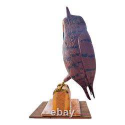 Vintage Carved Folk Art Wood Owl Sculpture Glass Eyes Signed by Carl Scharver