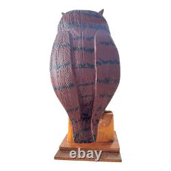 Vintage Carved Folk Art Wood Owl Sculpture Glass Eyes Signed by Carl Scharver