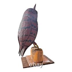 Vintage Carved Folk Art Wood Owl Sculpture Glass Eyes Signed by Carl Scharver