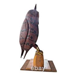 Vintage Carved Folk Art Wood Owl Sculpture Glass Eyes Signed by Carl Scharver