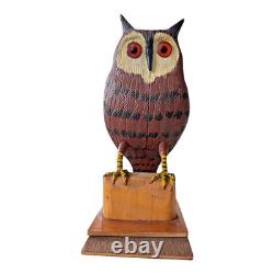 Vintage Carved Folk Art Wood Owl Sculpture Glass Eyes Signed by Carl Scharver