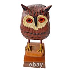 Vintage Carved Folk Art Wood Owl Sculpture Glass Eyes Signed by Carl Scharver