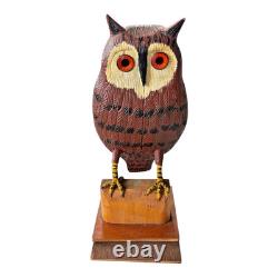 Vintage Carved Folk Art Wood Owl Sculpture Glass Eyes Signed by Carl Scharver