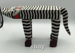 Vintage Carved Hand Painted Indonesian Folk Art Leopard Cat Plant Stand 15x8x4.5