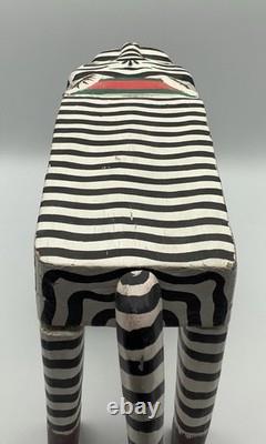 Vintage Carved Hand Painted Indonesian Folk Art Leopard Cat Plant Stand 15x8x4.5