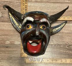 Vintage Carved Mask Guerrero Mexican Folk Art Carved Wood Devil Diablo Horns