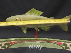 Vintage Carved Painted Wood Folk Art Fish Decoy Sculpture on Stand By Todd Watts