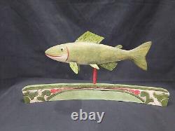 Vintage Carved Painted Wood Folk Art Fish Decoy Sculpture on Stand By Todd Watts