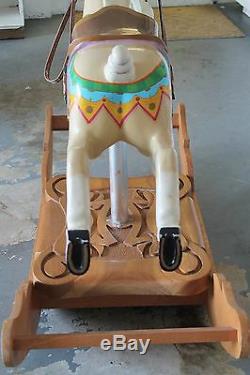 Vintage Carved Solid Wood Carousel Rocking Horse Hand Painted Folk Art