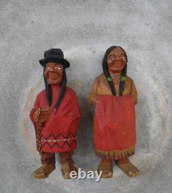 Vintage Carved Wood Figure Couple Folkart By Hannah Quebec, Canada Lot Of 2