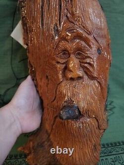 Vintage Carved Wood Old Man Face Cigar Smoking Big Driftwood Tree Beard Folk Art