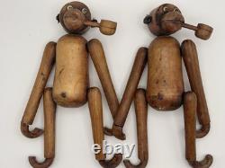 Vintage Carved Wood Pipe Smoking Monkey Climbers MCM Folk Art 12 Jointed Pair