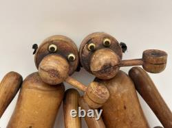 Vintage Carved Wood Pipe Smoking Monkey Climbers MCM Folk Art 12 Jointed Pair