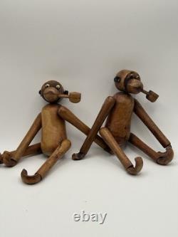 Vintage Carved Wood Pipe Smoking Monkey Climbers MCM Folk Art 12 Jointed Pair