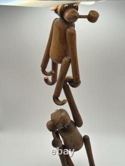 Vintage Carved Wood Pipe Smoking Monkey Climbers MCM Folk Art 12 Jointed Pair