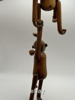 Vintage Carved Wood Pipe Smoking Monkey Climbers MCM Folk Art 12 Jointed Pair