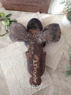 Vintage Carved Wood Polychrome Putti Praying Angel Santos Figure Folk Art