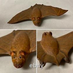 Vintage Carved Wood Winged Bat Folk Art Sculpture Signed, 8x4.5