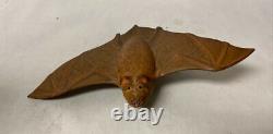 Vintage Carved Wood Winged Bat Folk Art Sculpture Signed, 8x4.5