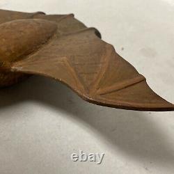 Vintage Carved Wood Winged Bat Folk Art Sculpture Signed, 8x4.5