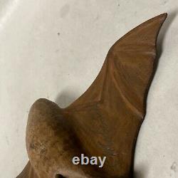 Vintage Carved Wood Winged Bat Folk Art Sculpture Signed, 8x4.5