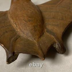 Vintage Carved Wood Winged Bat Folk Art Sculpture Signed, 8x4.5