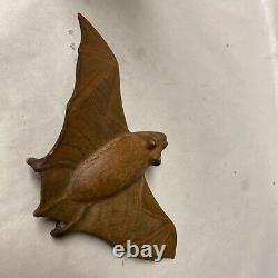 Vintage Carved Wood Winged Bat Folk Art Sculpture Signed, 8x4.5