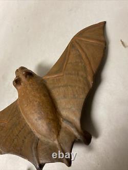 Vintage Carved Wood Winged Bat Folk Art Sculpture Signed, 8x4.5