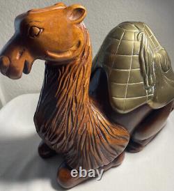Vintage Carved Wooden Camel Sculpture With Brass Saddle Nice Quality