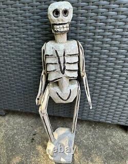 Vintage Carved Wooden Latin American Folk Art Skeleton Statue Rare HTF 21 Decor