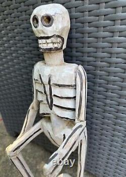 Vintage Carved Wooden Latin American Folk Art Skeleton Statue Rare HTF 21 Decor