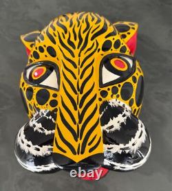 Vintage Cat Mexican Folk Art carved wood leopard painted cultural Art skull