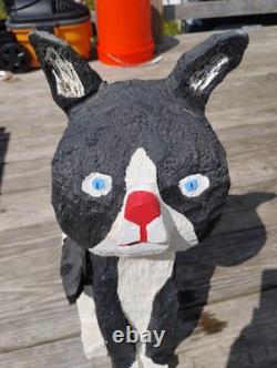 Vintage Chainsaw Carving Housecat Black Cat Tuxedo Feline Wood Carved Folk Art