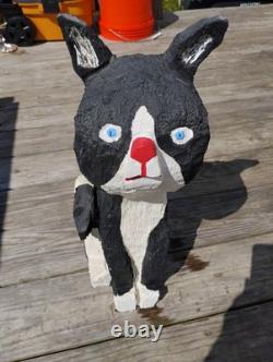 Vintage Chainsaw Carving Housecat Black Cat Tuxedo Feline Wood Carved Folk Art