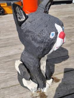 Vintage Chainsaw Carving Housecat Black Cat Tuxedo Feline Wood Carved Folk Art