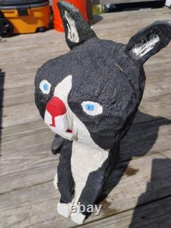 Vintage Chainsaw Carving Housecat Black Cat Tuxedo Feline Wood Carved Folk Art