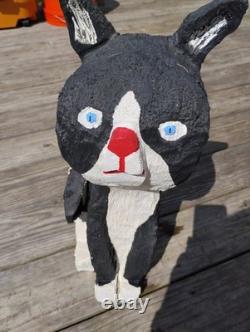 Vintage Chainsaw Carving Housecat Black Cat Tuxedo Feline Wood Carved Folk Art