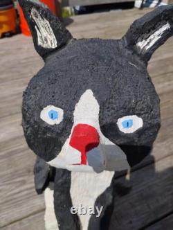 Vintage Chainsaw Carving Housecat Black Cat Tuxedo Feline Wood Carved Folk Art