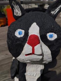 Vintage Chainsaw Carving Housecat Black Cat Tuxedo Feline Wood Carved Folk Art