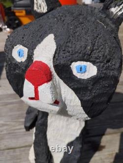 Vintage Chainsaw Carving Housecat Black Cat Tuxedo Feline Wood Carved Folk Art