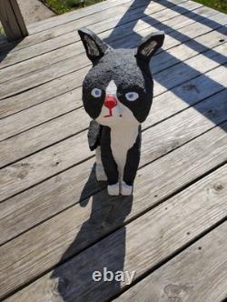 Vintage Chainsaw Carving Housecat Black Cat Tuxedo Feline Wood Carved Folk Art