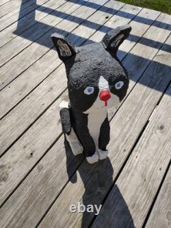Vintage Chainsaw Carving Housecat Black Cat Tuxedo Feline Wood Carved Folk Art