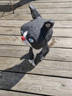 Vintage Chainsaw Carving Housecat Black Cat Tuxedo Feline Wood Carved Folk Art