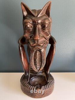 Vintage Detailed Wood Carved Demon Devil Ashtray Folk Art Halloween Tiki 15 in