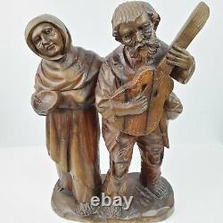Vintage FOLK ART Hand Carved Man Woman Beggars with Guitar 15.5x10x5 Inch