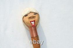 Vintage Figural Wood Carved Cane American Folk Art Lady Sturdy Walking Stick USA