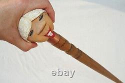 Vintage Figural Wood Carved Cane American Folk Art Lady Sturdy Walking Stick USA