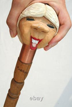 Vintage Figural Wood Carved Cane American Folk Art Lady Sturdy Walking Stick USA